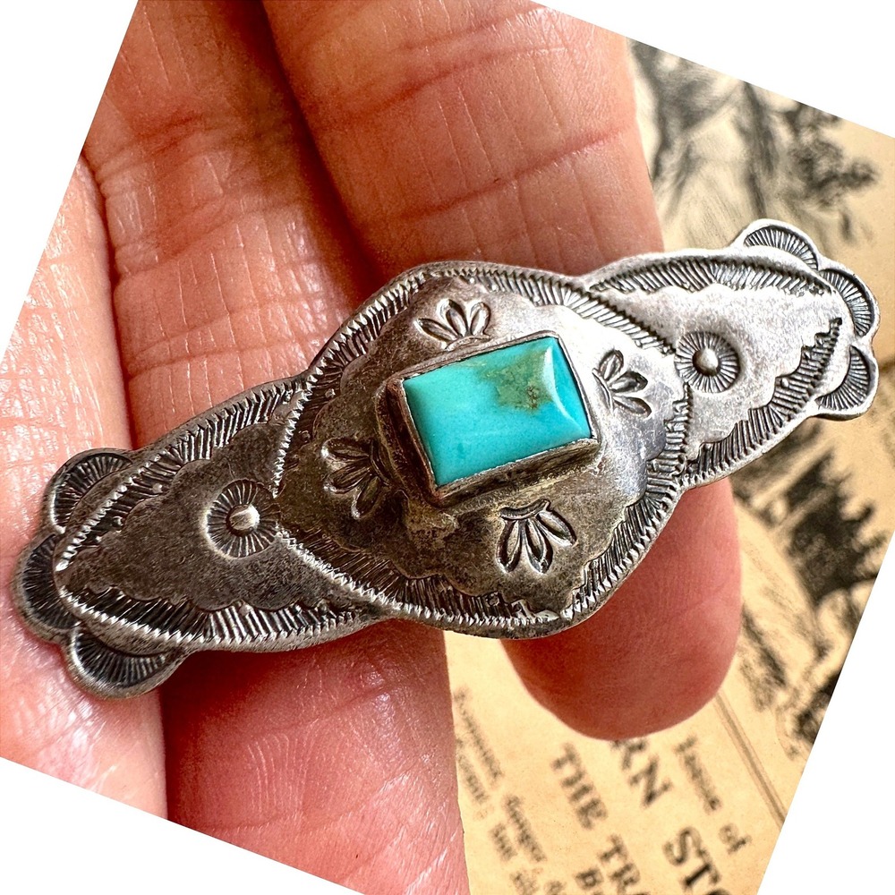 VTG Navajo Bar Pin Turquoise Brooch Sterling Old Pawn Harvey Era